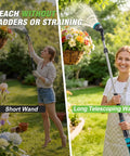 Extendable Watering Wand 37 To 55 Inch with 9 Pattern Heavy Duty Metal Nozzle in use, reaching hanging baskets