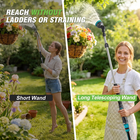 Extendable Watering Wand 37 To 55 Inch with 9 Pattern Heavy Duty Metal Nozzle in use, reaching hanging baskets