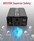 Heavy Duty 120V Power Inverter Converts 12V DC To 110V AC With 200W Output And Dual USB Fast Charge Ports, front view.