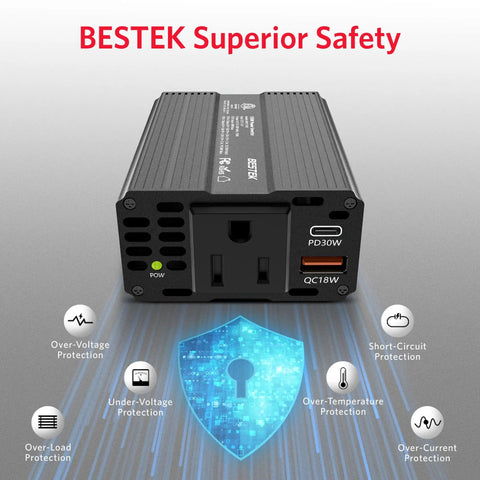 Heavy Duty 120V Power Inverter Converts 12V DC To 110V AC With 200W Output And Dual USB Fast Charge Ports, front view.