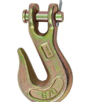 Close-up of a 3/8 inch Grade 70 clevis grab hook with pin from the Twenty Piece Hook Set For 3/8 Inch Grade 70 Clevis Grab Hooks With Pins And Clevis Slip Hooks G70 Tow Chain Wrecker Kit For Truck And Trailer Tie Down Heavy Duty 6600 Lbs Working Load