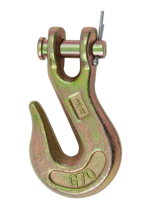 Close-up of a 3/8 inch Grade 70 clevis grab hook with pin from the Twenty Piece Hook Set For 3/8 Inch Grade 70 Clevis Grab Hooks With Pins And Clevis Slip Hooks G70 Tow Chain Wrecker Kit For Truck And Trailer Tie Down Heavy Duty 6600 Lbs Working Load