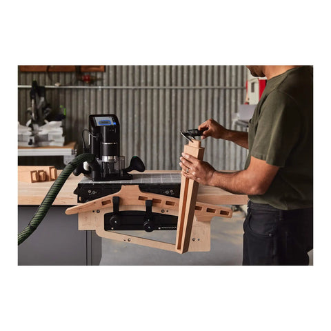 Game Changer Benchtop Fixturing Station For Precise Repeatable Workholding With An Easily Adjustable Shelf For Small Or Irregular Pieces And Intuitive Indexing Pins For Quick Alignment And Reliable Registration On Every Cut, wood benchtop fixture with router and workpiece