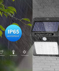 Outdoor Solar Motion Sensor Lights 10 Pack With Three Modes, IP65 Waterproof on wall in rain, 42 LED, solar panel visible