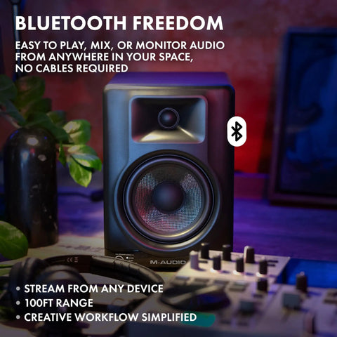 BX5BT 5 Inch Desktop Studio Monitor Speakers with DSP and Bluetooth App Control displayed with audio equipment