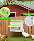 Heavy Duty Automatic Chicken Feeder With Weather Sealed Lid And Lockable Rodent Proof Door For Zero Waste Hanging Backyard Poultry Feed Hopper visible with green lid and sturdy handle.