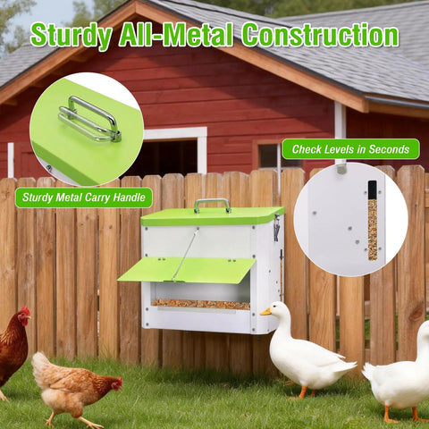 Heavy Duty Automatic Chicken Feeder With Weather Sealed Lid And Lockable Rodent Proof Door For Zero Waste Hanging Backyard Poultry Feed Hopper visible with green lid and sturdy handle.