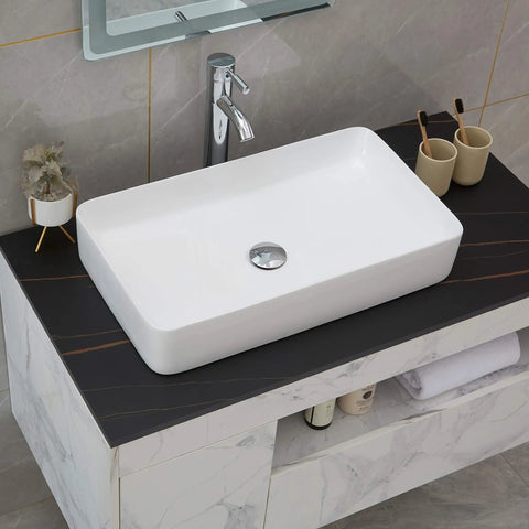 Vessel Sink and Pop Up Drain Kit, 24 By 14 Inch Rectangular Above Counter White Porcelain Ceramic Bathroom Vanity Basin