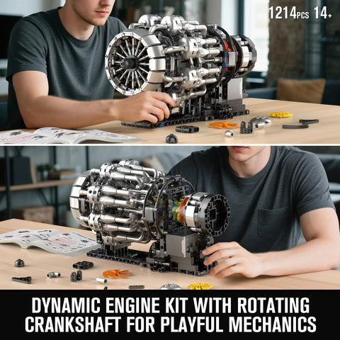 Man assembling Aircraft Jet Engine Model Kit for Adults and Teens, Motorized Turbojet Demonstration with spinning compressor.
