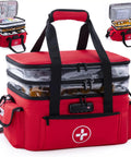 Your Go To 3 Tier Medicine Organizer With Combination Lock For Pills And First Aid Supplies Big Capacity Pill Bottle Storage Travel Prescription Bag Medical Supply Organizer And Medication Storage Container, showing red bag with black straps