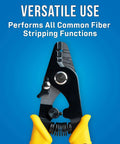 Three Hole Fiber Optic Stripper With Angled Jaw And Safety Lock, yellow handles, performs fiber stripping functions