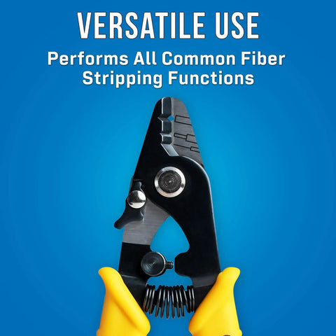 Three Hole Fiber Optic Stripper With Angled Jaw And Safety Lock, yellow handles, performs fiber stripping functions