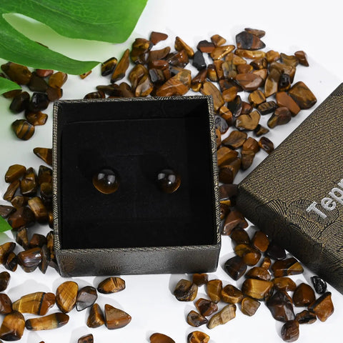 Tiger Eye Stone Stud Earrings 8mm Brown Round Gemstone Jewelry In 14K Gold Plated Finish For Women in black gift box