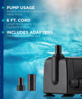 Submersible Fountain Pump 120 GPH For Ponds, Fountains, And Birdbaths, Oil Free Ceramic Impeller with 6 ft. cord and adapters.