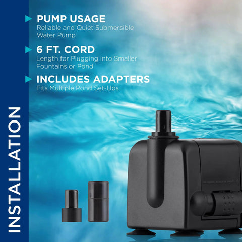 Submersible Fountain Pump 120 GPH For Ponds, Fountains, And Birdbaths, Oil Free Ceramic Impeller with 6 ft. cord and adapters.
