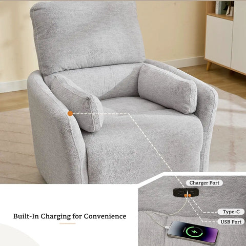 Power Swivel Rocker Recliner Glider Chair For Adults With USB Type C Ports Large Suede Gray Electric Reclining Chair in living room