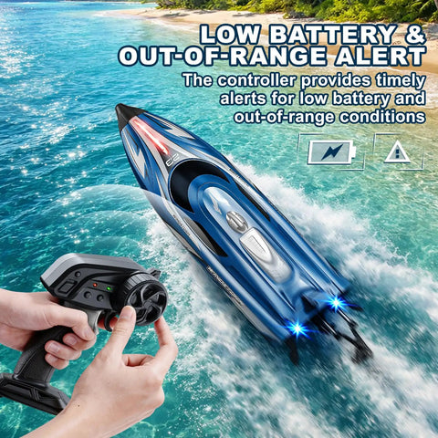 Fast 25 KPH RC Speed Boat For Kids With LED Lights Long Range 2.4GHz Remote racing on water, remote control in hand