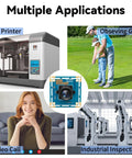 Multiple applications of the 1080P USB Camera Module With Plug And Play Setup High Speed 30 60 100fps CMOS OV2710 Sensor Low Light Industrial Camera Board shown for 3D printers, golf, video calls, and industrial inspection.