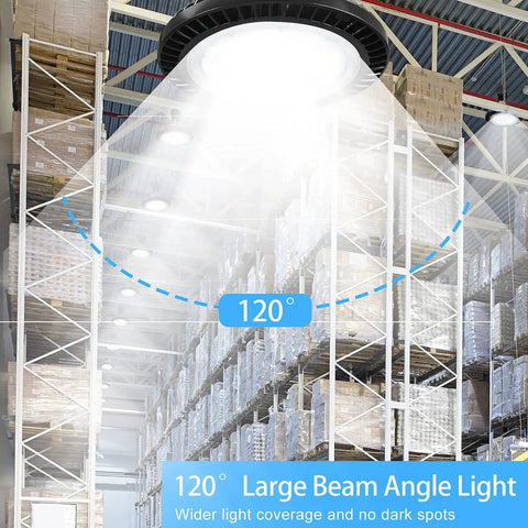 LED High Bay Light 240W UFO Style Shop Light With 36000 Lumens illuminating warehouse shelves