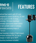 Auto Piggyback Vertical Mechanical Pump Down Float Switch For Pumps Up To Half Horsepower With 10 Foot Cord Black Converts Manual Pumps To Automatic Operation In Narrow Pits with features listed.
