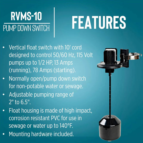 Auto Piggyback Vertical Mechanical Pump Down Float Switch For Pumps Up To Half Horsepower With 10 Foot Cord Black Converts Manual Pumps To Automatic Operation In Narrow Pits with features listed.