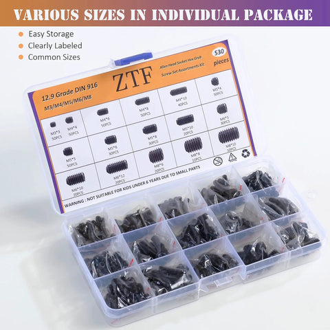 530 Piece Metric Set Screw Kit With M3 M4 M5 M6 M8 Grub Screws Internal Hex Drive For Bathroom Fixtures Door Handles