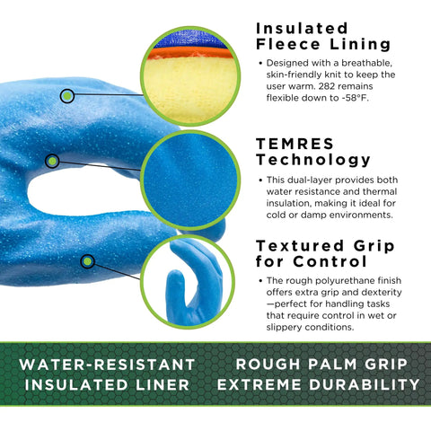 TEMRES 282 Waterproof Insulated Winter Work Gloves With Breathable Polyurethane Coating And Thermal Fleece Liner Bone Dry Comfort Grippy For Hiking Ice Fishing Cold Storage And Outdoor Tasks Blue Large 1 Pair showing fleece lining and grip details