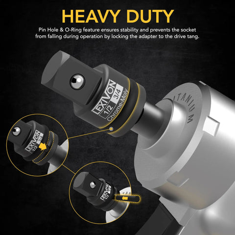 Beefed Up 1/2 Inch To 3/4 Inch Impact Socket Increaser in use, highlighting O-Ring stability and secure lock on drive tang.
