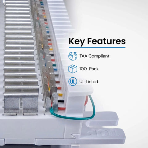 66 Block Bridging Clips, 100 Pack Tin Plated Phosphor Bronze installed in 66 blocks showing side view and key features.