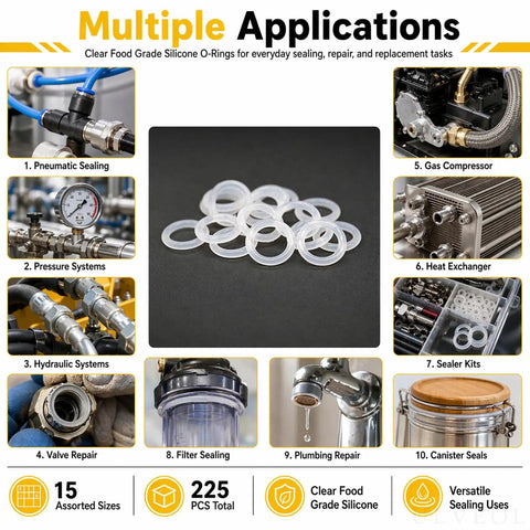 Clear Food Grade Silicone O Ring Set 225 Piece Seal Kit With A Wide Range Of Sizes For Food Safe Gaskets in various applications