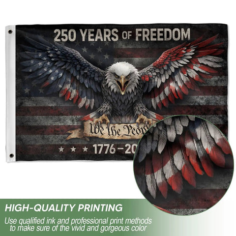 Two Sided 3 By 5 Ft American Flag For 250th Anniversary with eagle and 250 Years Of Freedom text, durable polyester banner.