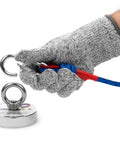 Gloved hand holding carabiner and blue rope next to magnet with ring, part of Underwater Treasure Hunting Magnet Fishing Kit With Case And Dual Strength Magnets 880Lb Double Sided And 550Lb Single Sided Includes Rope Carabiner Threadlocker And Gloves For The Real Magnet Fishing Crew.