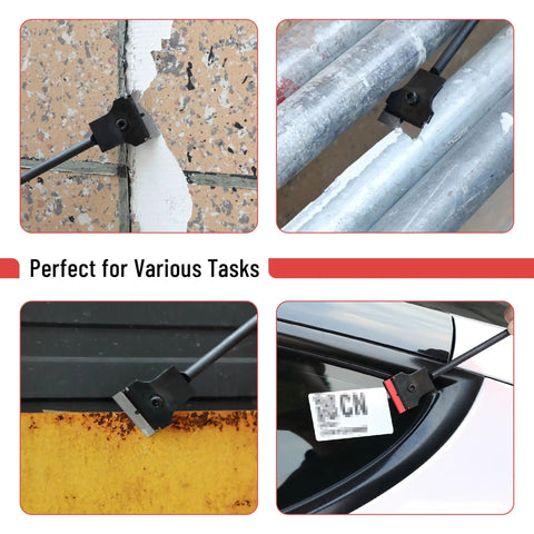 Long Reach Extension Scraper with 11 Inch Handle and Double Edged Blades in use on tile, metal, rust, and glass