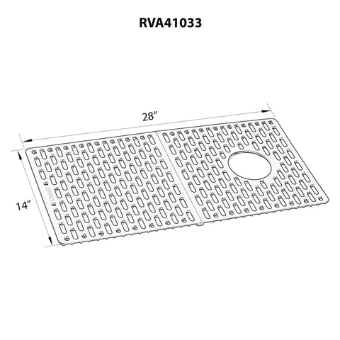 Silicone Bottom Grid Sink Mat For RVG1033 And RVG2033 Single Bowl Epigranite Sinks with dimensions 28x14 inches and drain hole.