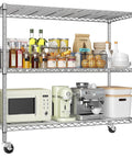 45 Inch Wide 3 Tier Metal Shelving On Wheels Built Tough Beefy Heavy Duty Steel Storage Rack With 450 Lbs Capacity Perfect For Kitchen Garage And Laundry Rust Resistant Mobile Storage Cart with kitchen appliances and pantry items