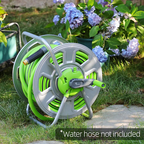 Metal Hose Reel Cart That Holds 100 Feet Of Five Eighth Inch Hose For Outdoor Watering And Storage No Fuss Easy To Move Lightweight Aluminum Frame With Plastic Handle For Seniors And Multi Story Homes