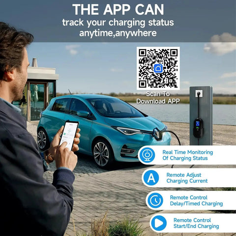 Man using smartphone app to monitor Type 2 EV Charging Cable 5M With Adjustable Current 6A To 32A 7.2KW with electric car