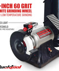 6-inch 60 grit white grinding wheel on Combo 2x42 Inch Belt Sander and 6 Inch Bench Grinder Knife Sharpener with Large Work Table.