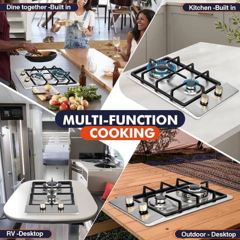 Portable Dual Fuel 2 Burner Gas Stove Cooktop 12 Inch Stainless Steel LPG NG convertible in home, RV, and outdoor settings