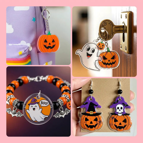 Handmade Halloween ornaments from 36 piece shrink plastic sheets, including keychains, earrings, and bracelets with ghost and pumpkin designs