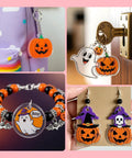Halloween-themed DIY accessories made from 25 Piece Frosted Shrink Plastic Sheets Set, featuring ghosts, pumpkins, and bats.