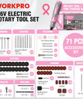 Image showing WORKPRO Cordless Rotary Tool Kit With 71-Piece Accessory Set, USB Rechargeable for DIY crafts, in pink storage box.