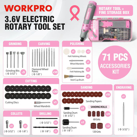 Image showing WORKPRO Cordless Rotary Tool Kit With 71-Piece Accessory Set, USB Rechargeable for DIY crafts, in pink storage box.