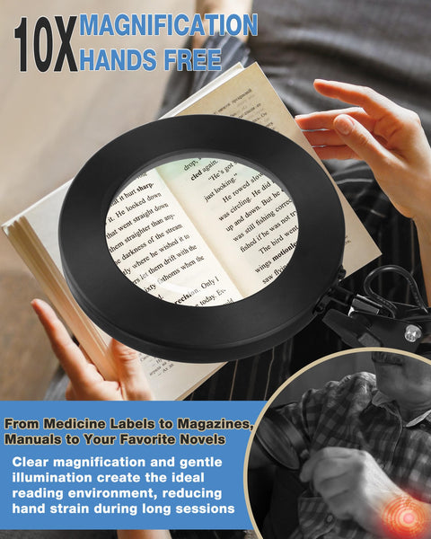 Magnifying Glass Desk Lamp With Three Section Swing Arm And Big Clamp 10X Wide Desk Magnifier Light for reading a book