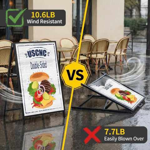 Double Sided A Frame Sign 24 By 36 Inch Boss Grade Heavy Duty Folding Sandwich Board outdoor comparison on rainy street