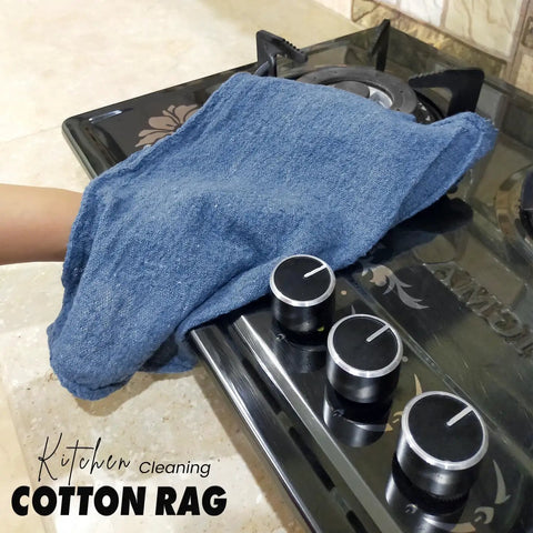 Blue Cotton Shop Towels Pack Of 150 12x14 Inches Absorbent Cleaning Rags used on a stove surface for streak free cleaning