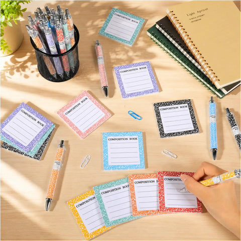 Back To School Must Have 16 Piece Composition Notebook Set With Sticky Notes And Ballpoint Pens, Colorful Notepads And Pens For Students