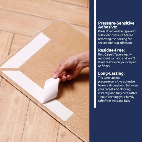 Person applying Heavy Duty Double Sided Carpet Tape 2 Inch Wide 8 Yard Roll For Rugs On Hardwood Laminate Concrete Indoor Outdoor No Slip Grip Sticker White Easy Tear No Residue For Quick Clean Up on wooden floor.