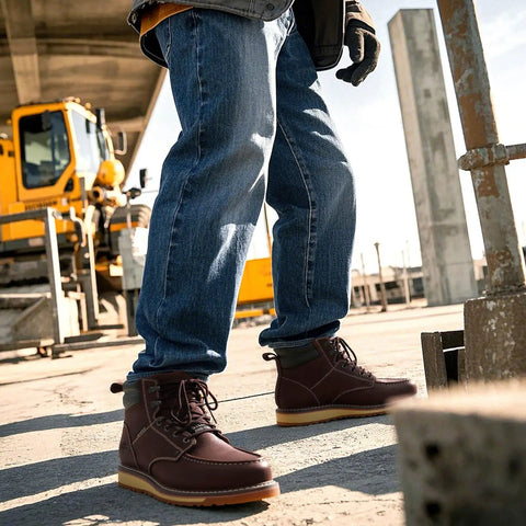 Man wearing Six Inch Waterproof Moc Toe Steel Toe Work Boots For Men With Full Grain Leather Oil And Slip Resistant EH Protection on a construction site