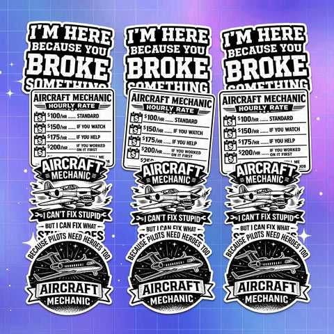 12 Piece Aircraft Mechanic Stickers Pack Dope Aviation Decals For Planes And Maintenance Techs, Toolbox, Laptops, Water Bottles, Helmets And Gear, Funny AMT Humor Hangar Vibes, displayed on a blue background showing text designs and airplane graphics.